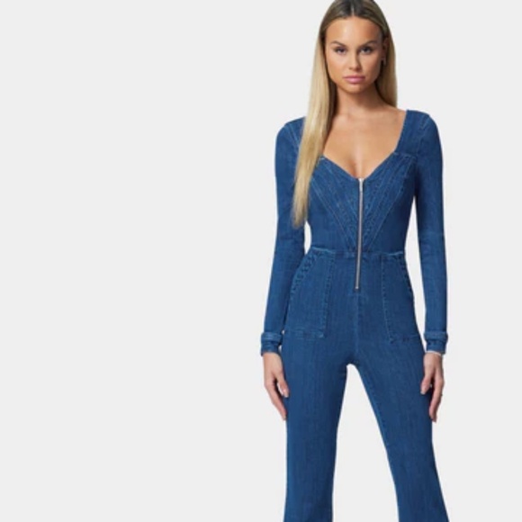 Bebe Multistitch Wide Leg Denim Jumpsuit NWT SIZE 4 - Picture 1 of 4